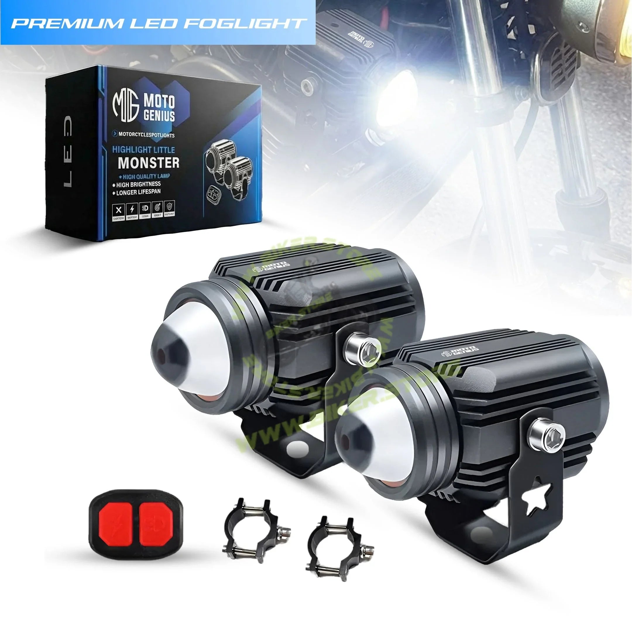 MOTO GENIUS DK16 WITH HARNESS Auxiliary LED FOG Lights 45W with Wireless Spotlight Switch Harness & Mounting Clamps, 12V–30V, Universal Fit for Motorcycles & Cars - Biker.Store - www.biker.store