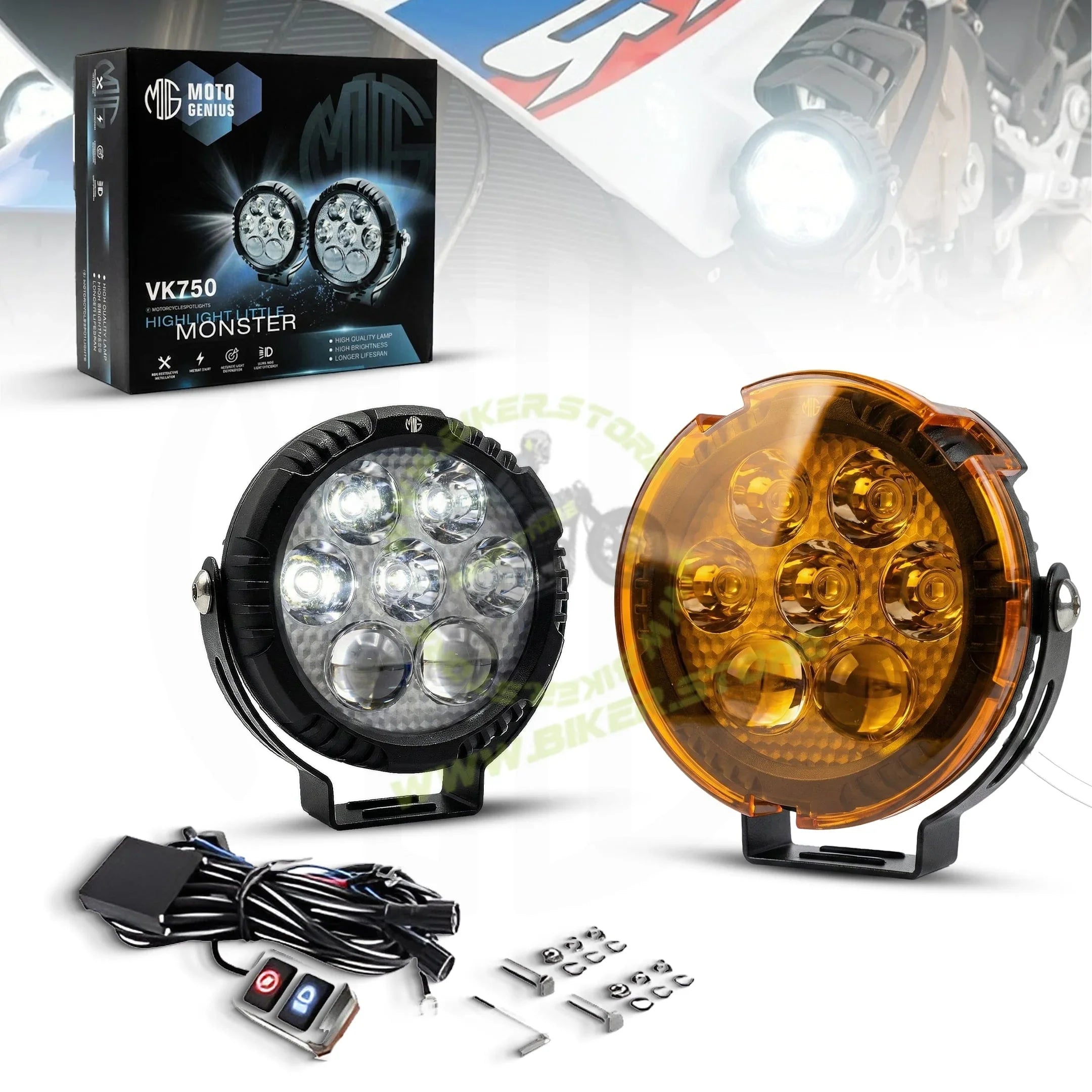 MOTO GENIUS VK 750 WITH HARNESS 7 LED AUXILIARY Fog Light 60W piece Motorcycle & Car Light | With Switch & Wire Harness | Universal Fit | High Brightness | Waterproof (Pack of 2) - Biker.Store - www.biker.store