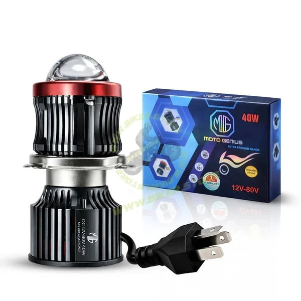 MOTO GENIUS H4 40W LED Projector Lens Headlight for Bike & Scooter, White & Yellow Dual Color with Flashing Mode, 12V–80V Waterproof Auxiliary Light with Cooling Fan - Biker.Store - www.biker.store