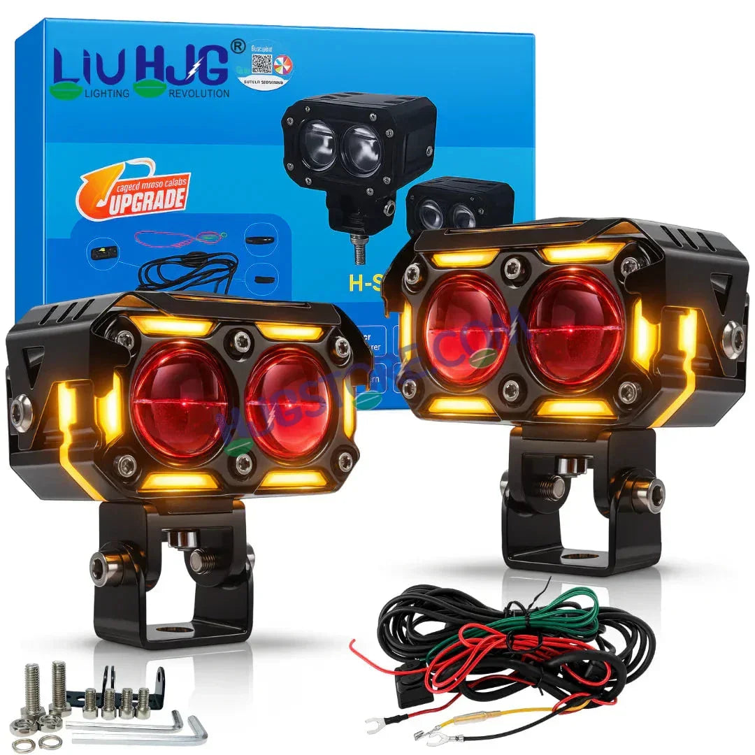 HJG New 120W Future Eyes Ring DRL 2 LED Projector Foglight with Wiring Harness Kit Red DRL/Amber Ring/White/Yellow Light 120W Foglight Ultra Wide Dual Intensity LED Driving Fog Lights Universal For All Cars & Bikes LIU HJG Ring 2 Lens Fog with Wiring Kit - Biker.Store - www.biker.store