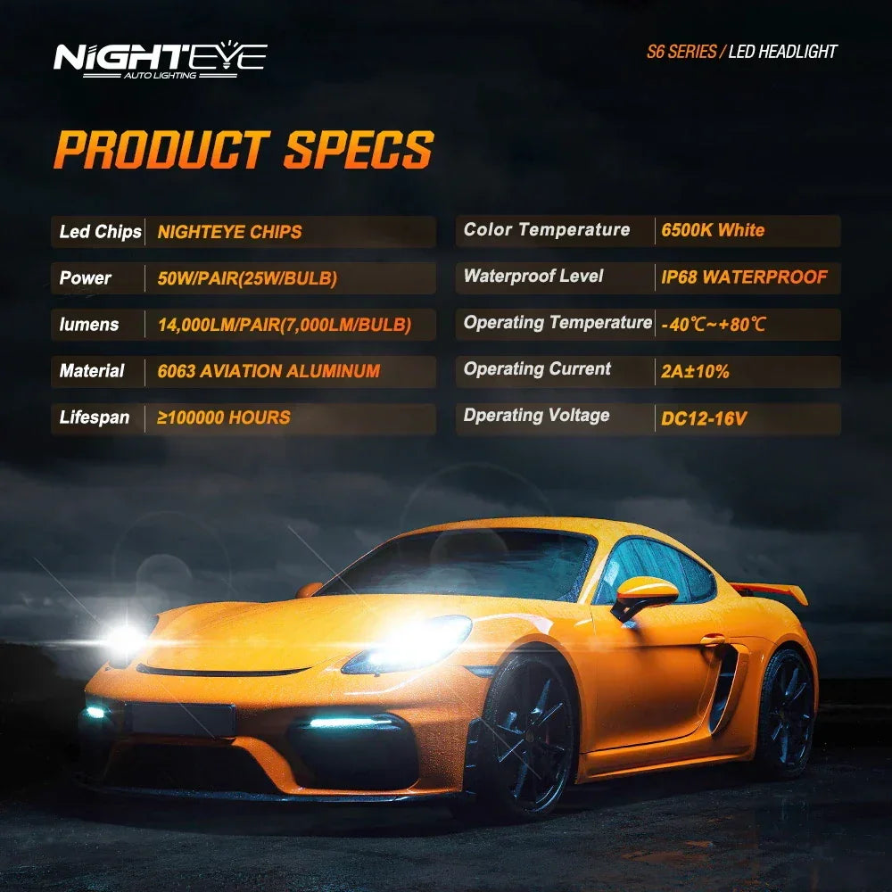NightEye A315-S6 H7 Two Pin 6500K White 2PCS Car LED Headlight Bulb 14,000LM/Pair LED Headlamp IP Waterproof - Type H7 - Biker.Store - www.biker.store