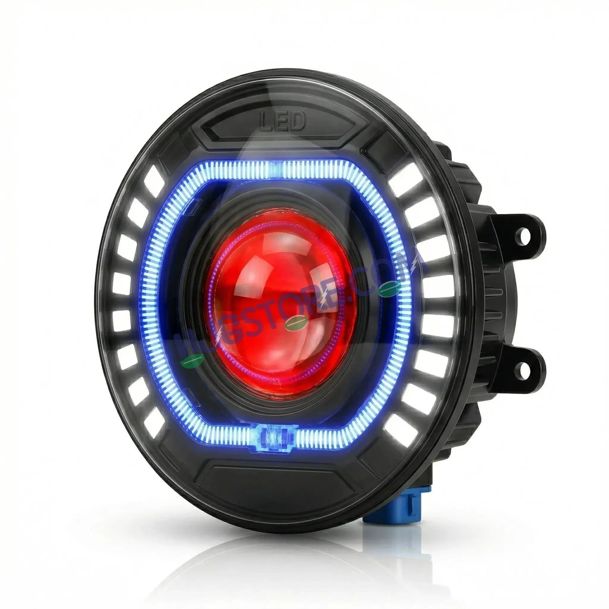HJG C-227 Red Devil Blue Halo Ring 108W Projector Ultra Wide 7 Inch Headlight Assembly Red Blue Halo Ring C-227 White LED Headlight New Projector Headlight Assembly | 108W CREE/Osram LED Chip Multi DRL Compatible with Royal Enfield, Jeep, Thar, Gypsy - Biker.Store - www.biker.store