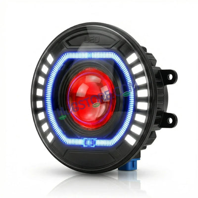 HJG C-227 Red Devil Blue Halo Ring 108W Projector Ultra Wide 7 Inch Headlight Assembly Red Blue Halo Ring C-227 White LED Headlight New Projector Headlight Assembly | 108W CREE/Osram LED Chip Multi DRL Compatible with Royal Enfield, Jeep, Thar, Gypsy - Biker.Store - www.biker.store
