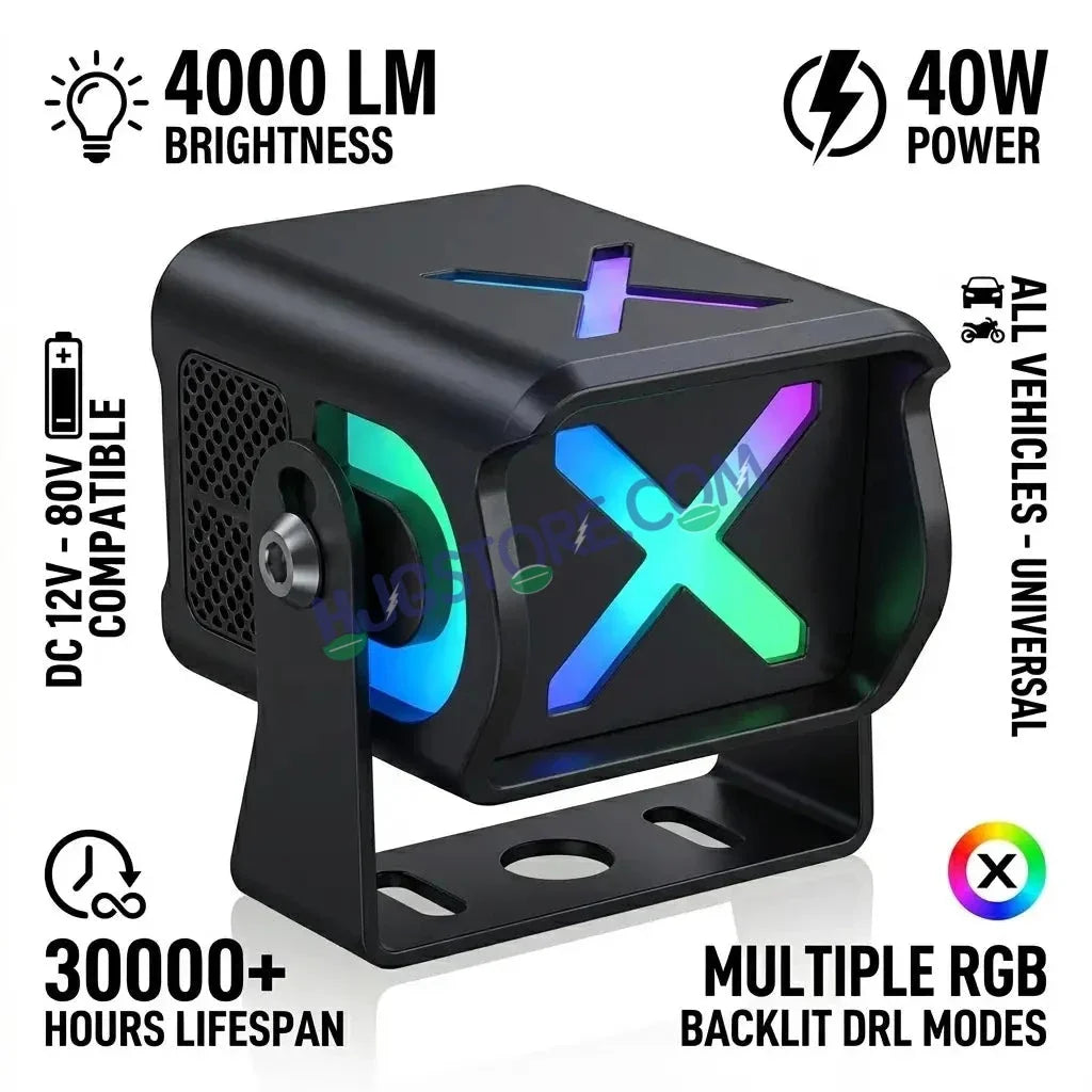 HJG X Drive Mini RGB Foglights with RGB Backlit DRL 40W Fog Light 4000LM Dual Color (3000K Yellow/6000K White) Projector Driving Lamp | Dynamic RGB Backlit DRL (8 Modes) | Wide Beam Auxiliary Light with Inline Ballast for Motorcycle, Bike & SUV - Biker.Store - www.biker.store
