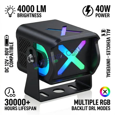 HJG X Drive Mini RGB Foglights with RGB Backlit DRL 40W Fog Light 4000LM Dual Color (3000K Yellow/6000K White) Projector Driving Lamp | Dynamic RGB Backlit DRL (8 Modes) | Wide Beam Auxiliary Light with Inline Ballast for Motorcycle, Bike & SUV - Biker.Store - www.biker.store