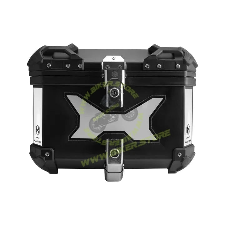 HJG 45L Aluminium Motorcycle Top Box with X-Shaped Red LED Tail Light – Waterproof, Universal Fit & Lockable - Top Box - 45Ltr (Black :- Aluminium) LIU HJG Top Box with X LED Light - Biker.Store - www.biker.store