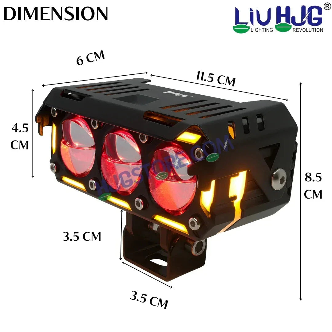 HJG New 240W Future Eyes Ring DRL 3 LED Projector Foglight with Wiring Harness Kit Red DRL/Amber Ring/White/Yellow Light 240W Foglight Ultra Wide Dual Intensity LED Driving Fog Lights Universal For All Cars & Bikes LIU HJG Ring 3 Lens Fog with Wiring Kit - Biker.Store - www.biker.store