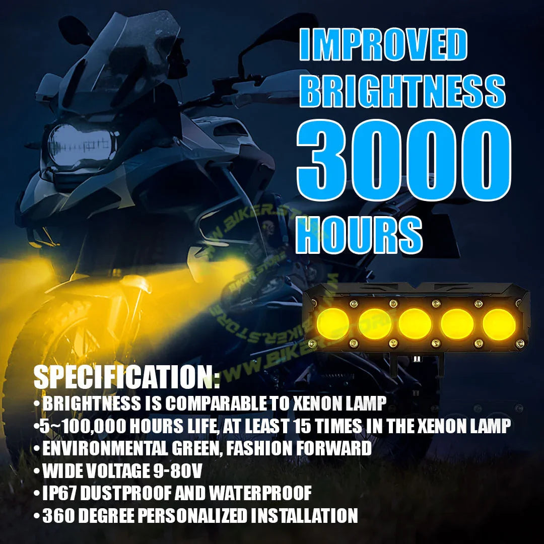 MOTO GENIUS Universal 5-LED Mini Drive Fog Light Projector | Dual Color White/Amber | 12V 60W | Waterproof Auxiliary Light for Cars & Bikes - Biker.Store - www.biker.store