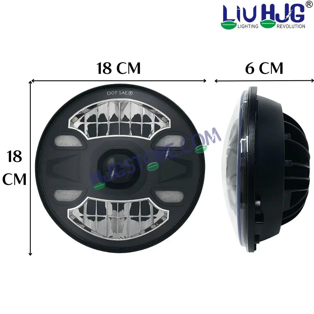 HJG New 4 Dot DRL 100W Projector Ultra Wide 7 Inch Headlight Assembly C-188 White LED Headlight New Model Projector Headlight Assembly for Royal Enfield | 100W CREE/Osram LED Chip Multi color White/Yellow Compatible with Royal Enfield, Jeep, Thar, Gypsy - Biker.Store - www.biker.store