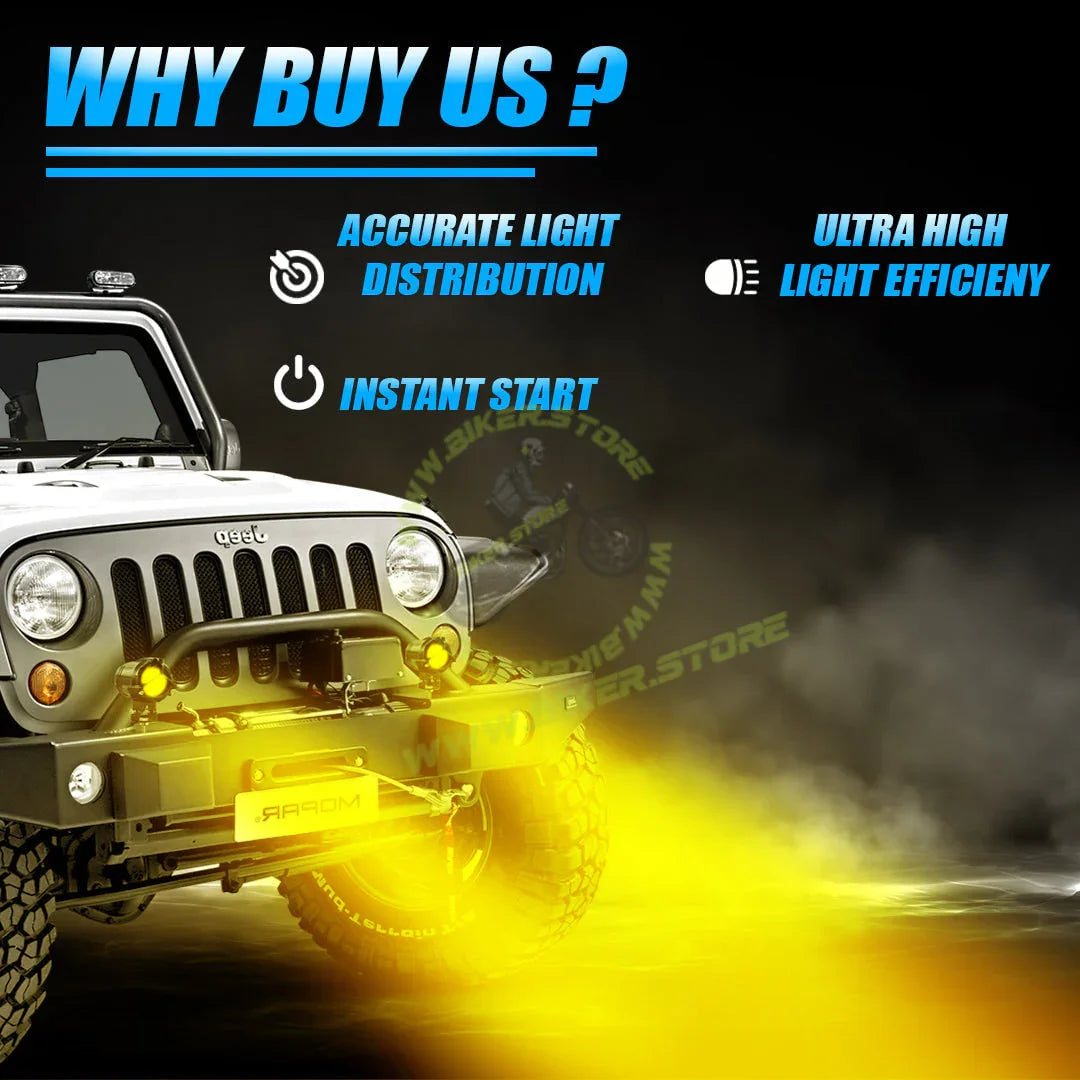 MOTO GENIUS DK350 Y-Type LED Fog Light with Wiring Harness | Korean Chip Laser Light | 2-in-1 Spot & Flood | Yellow & White Dual Color | Wide Coverage | For Bike & Car (Pack of 2) - Biker.Store - www.biker.store