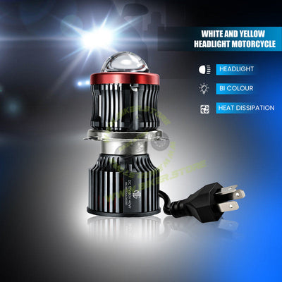 MOTO GENIUS H4 40W LED Projector Lens Headlight for Bike & Scooter, White & Yellow Dual Color with Flashing Mode, 12V–80V Waterproof Auxiliary Light with Cooling Fan
