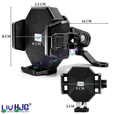 HJG Hexagon R6 Mobile Holder with Mirror Mount for Bike and Scooter, Two Wheelers Universal HJG Hexagon R6 Mirror Mount Mobile Holder Anti-Theft Mobile Holder 360 Degree Rotation Adjustable Size and Locking System LIU HJG Hexagon R6 Mirror Mount Holder - Biker.Store - www.biker.store