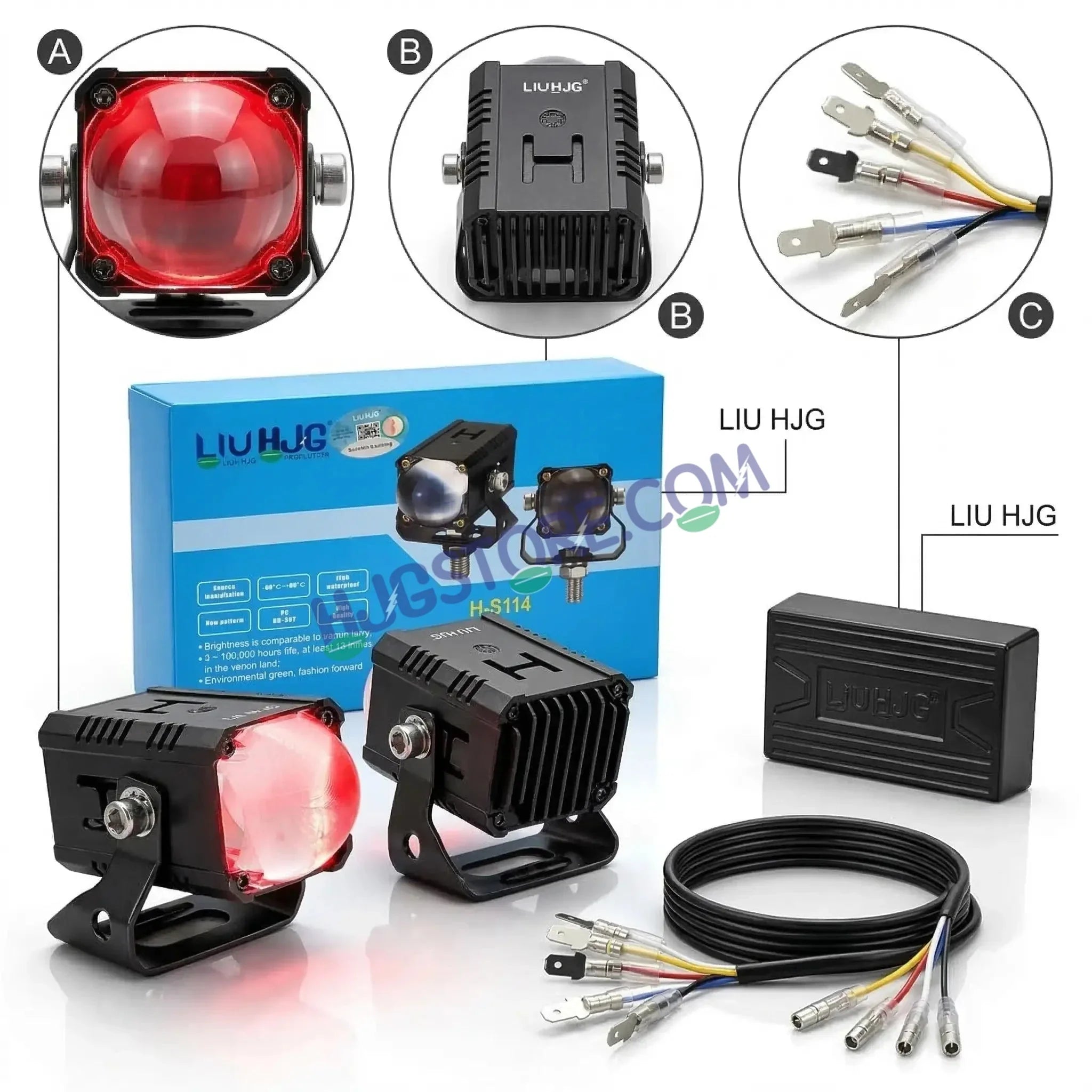 HJG Bezel-less HS114 Foglight Single Condenser Lens 60W Foglight White/Yellow Hi/Lo Red Projector Foglight 60W Foglight Ultra Wide Intensity LED Fog Lights White/Yellow Hi/Lo with Red Devil Fog Universal For All Cars & Bikes LIU HJG HS114 60W Foglight 2pc - HJGstore.com