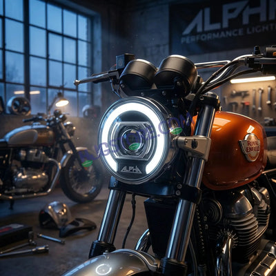 HJG C-325 Alpha 7 Inch Headlight Assembly 128W Projector Ultra Wide Halo Ring C-325 White LED Headlight New Projector Headlight Assembly | 128W CREE/Osram LED Chip Multi DRL Compatible with Royal Enfield, Jeep, Thar, Gypsy - Biker.Store - www.biker.store