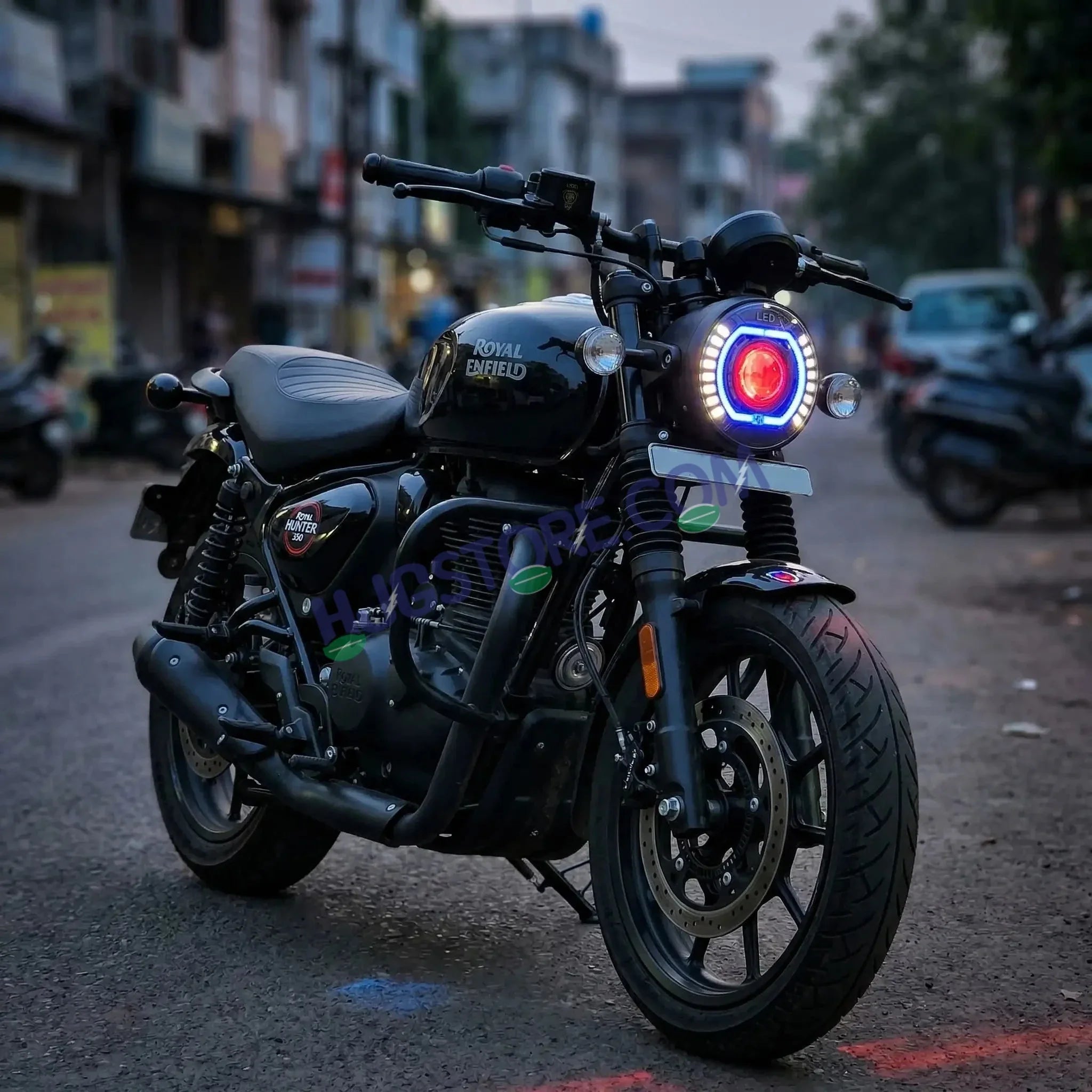 HJG C-227 Red Devil Blue Halo Ring 108W Projector Ultra Wide 7 Inch Headlight Assembly Red Blue Halo Ring C-227 White LED Headlight New Projector Headlight Assembly | 108W CREE/Osram LED Chip Multi DRL Compatible with Royal Enfield, Jeep, Thar, Gypsy - Biker.Store - www.biker.store