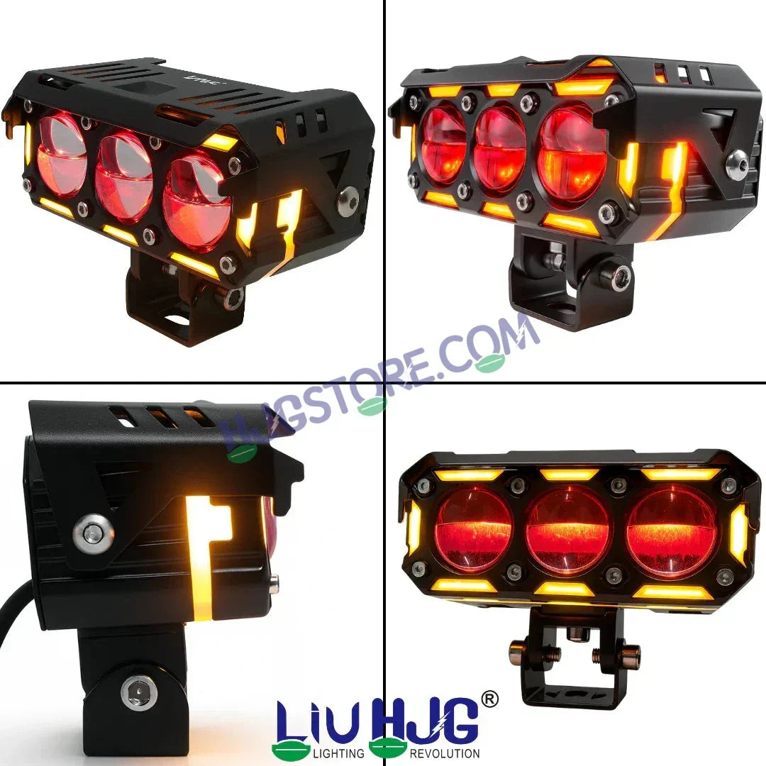 HJG New 240W Future Eyes Ring DRL 3 LED Projector Foglight with Wiring Harness Kit Red DRL/Amber Ring/White/Yellow Light 240W Foglight Ultra Wide Dual Intensity LED Driving Fog Lights Universal For All Cars & Bikes LIU HJG Ring 3 Lens Fog with Wiring Kit - Biker.Store - www.biker.store