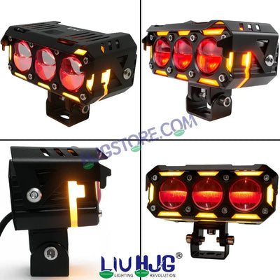 HJG New 240W Future Eyes Ring DRL 3 LED Projector Foglight with Wiring Harness Kit Red DRL/Amber Ring/White/Yellow Light 240W Foglight Ultra Wide Dual Intensity LED Driving Fog Lights Universal For All Cars & Bikes LIU HJG Ring 3 Lens Fog with Wiring Kit - Biker.Store - www.biker.store
