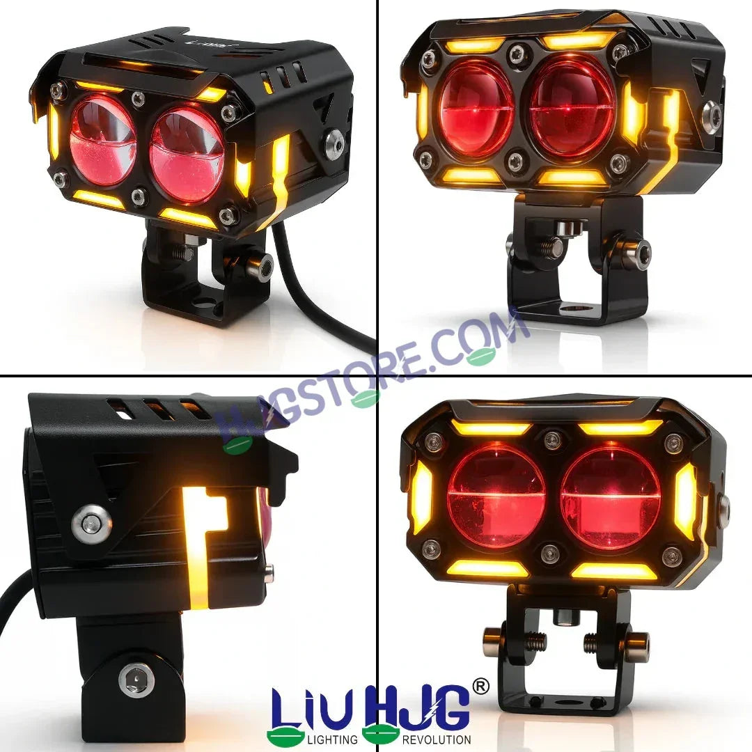 HJG New 120W Future Eyes Ring DRL 2 LED Projector Foglight with Wiring Harness Kit Red DRL/Amber Ring/White/Yellow Light 120W Foglight Ultra Wide Dual Intensity LED Driving Fog Lights Universal For All Cars & Bikes LIU HJG Ring 2 Lens Fog with Wiring Kit - Biker.Store - www.biker.store