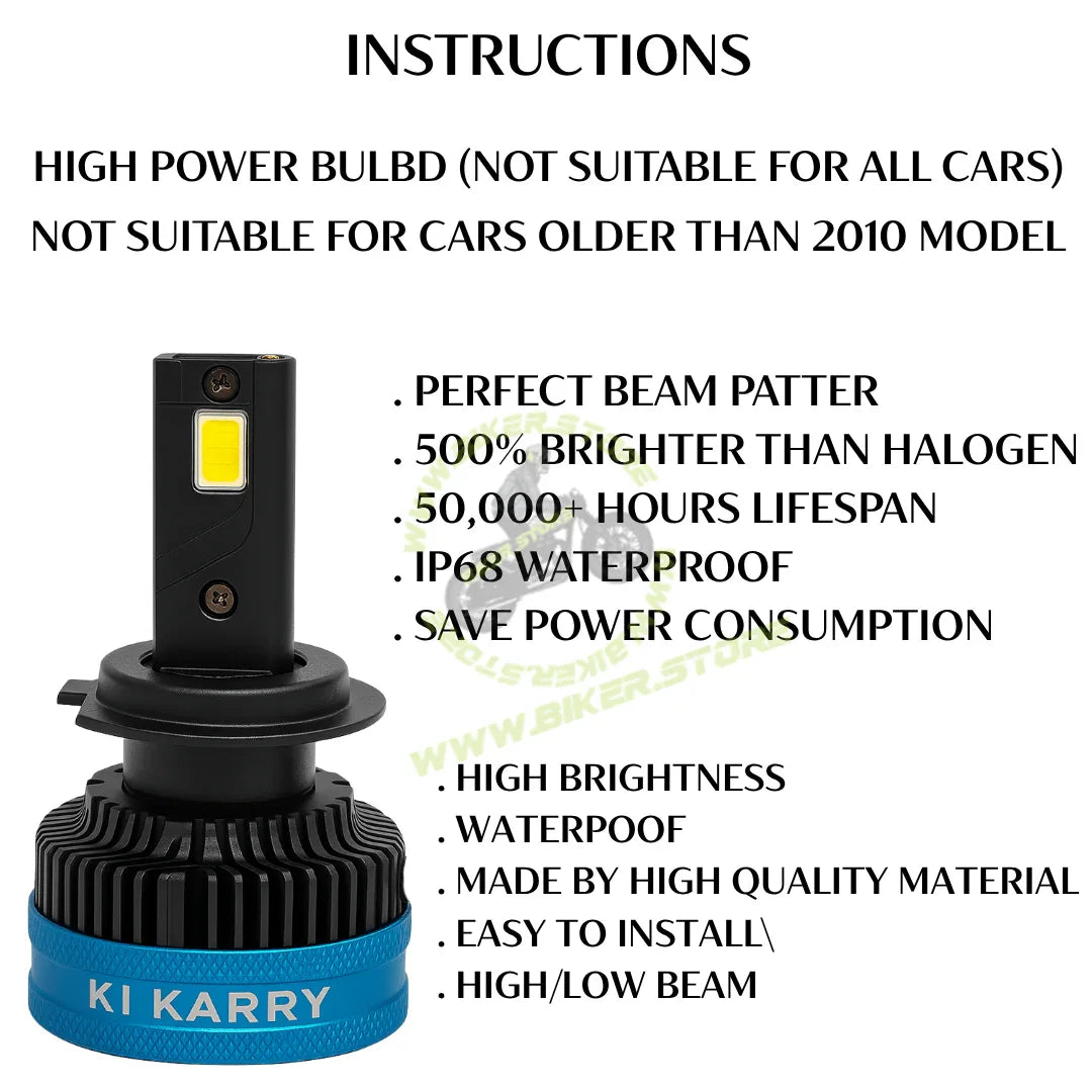 Ki Karry 300 WATTS LED Car Headlight Bulb, White Light, (Pack of 2 with 12 months Warranty) (H7 Fitting) - Biker.Store - www.biker.store