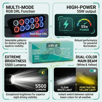 SSLG 10 Lens JS50 PRO 55W FOG LIGHT| Dual Colour Mode White/Yellow with Flashing Mode| Red/Blue Devil Eye Mode (Pack of 1) SSLG JS50 PRO Foglight - Biker.Store - www.biker.store