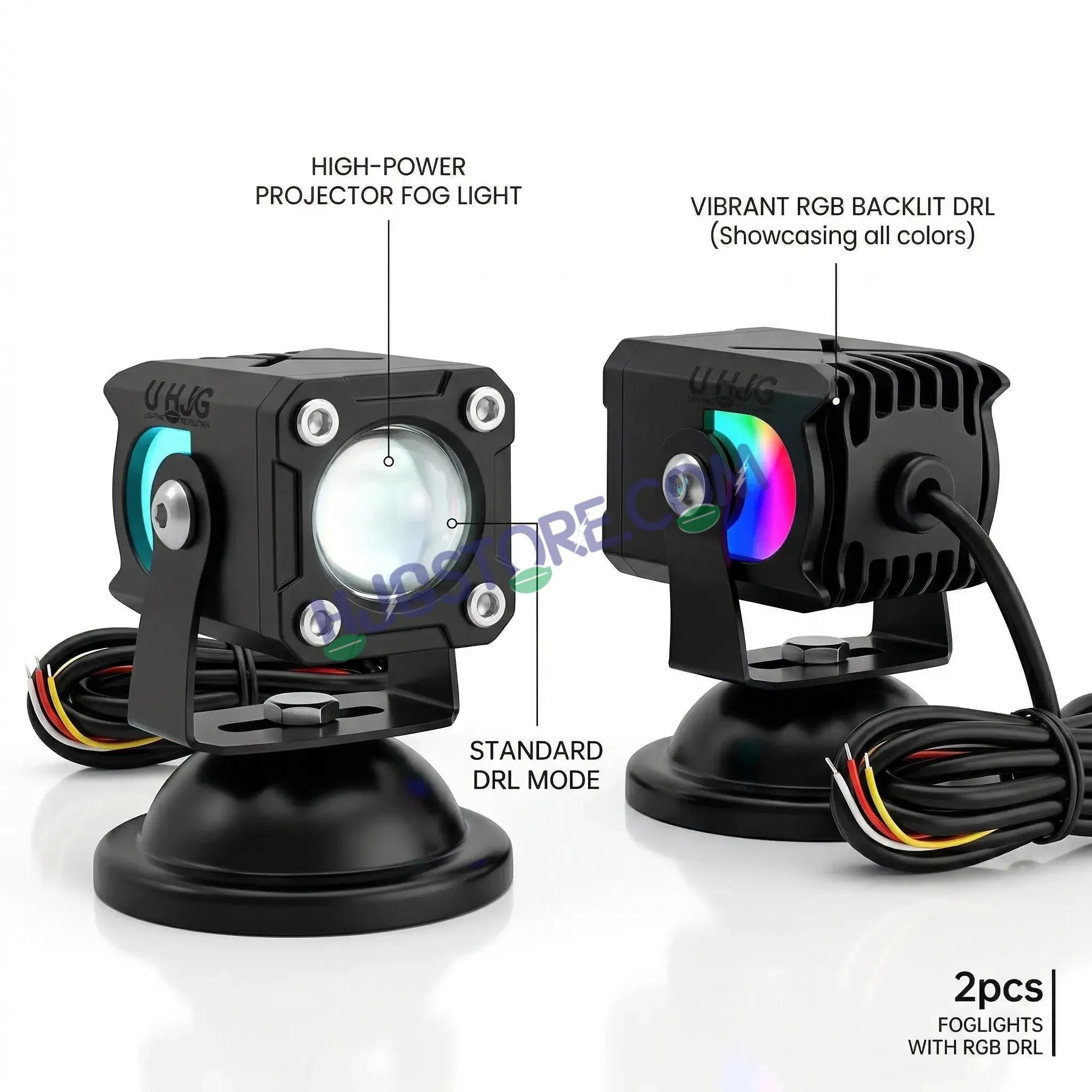 HJG X Drive Mini RGB Foglights with RGB Backlit DRL 40W Fog Light 4000LM Dual Color (3000K Yellow/6000K White) Projector Driving Lamp | Dynamic RGB Backlit DRL (8 Modes) | Wide Beam Auxiliary Light with Inline Ballast for Motorcycle, Bike & SUV - Biker.Store - www.biker.store