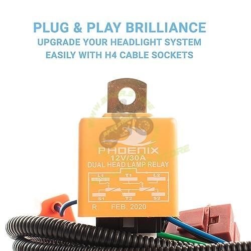 Phoenix H4 Headlamp Wiring Harness Kit Relay Conversion Kit Headlight Cable Sockets Heavy Duty Compatible With Cars SUVs MUVs & Tractors - Biker.Store - www.biker.store