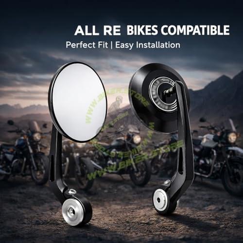 Universal Premium Motorcycle Bar End Mirrors | Handlebar End Rear View Side Mirrors with Round Wide Angle Glass | CNC Aluminum | Black (Pair) | Compatible with All RE Bikes - Biker.Store - www.biker.store