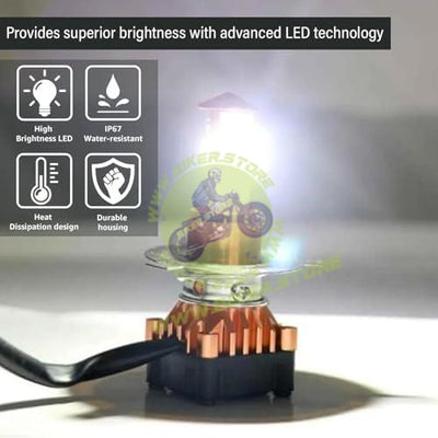 CYT 40W H4 LED Front Power Headlight DC 8V-48V High Brightness Bulb with 3 Side Cobe Cooling Fan & Conversion Kit High/Low Beam Light Universal For All Bike Motorcycle Scooty (Pack of 1, White) - Biker.Store - www.biker.store