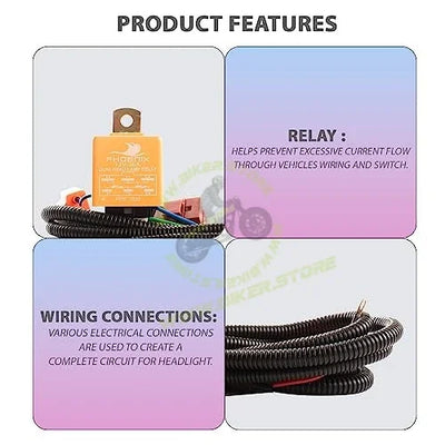 Phoenix H4 Headlamp Wiring Harness Kit Relay Conversion Kit Headlight Cable Sockets Heavy Duty Compatible With Cars SUVs MUVs & Tractors - Biker.Store - www.biker.store