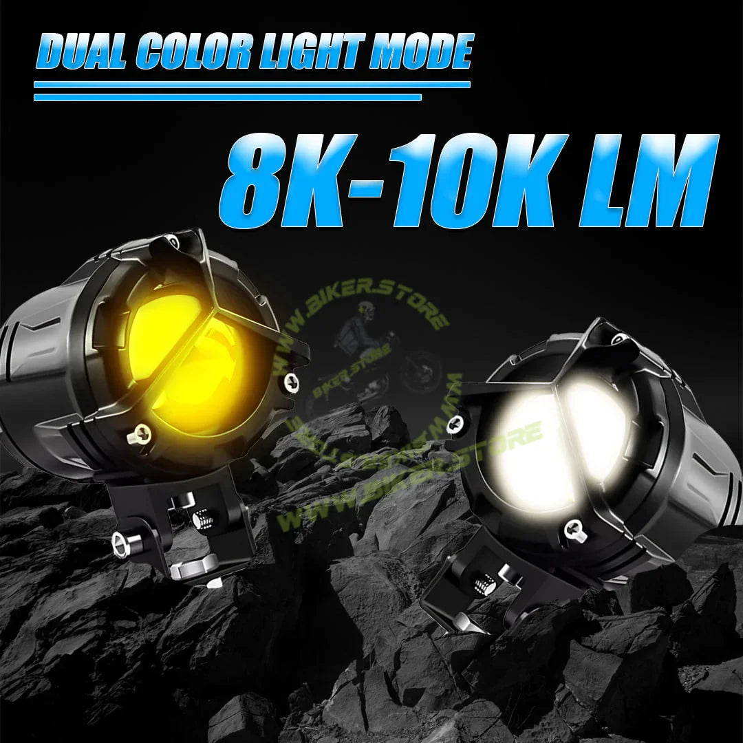 MOTO GENIUS DK350 Y-Type LED Fog Light with Wiring Harness | Korean Chip Laser Light | 2-in-1 Spot & Flood | Yellow & White Dual Color | Wide Coverage | For Bike & Car (Pack of 2) - Biker.Store - www.biker.store