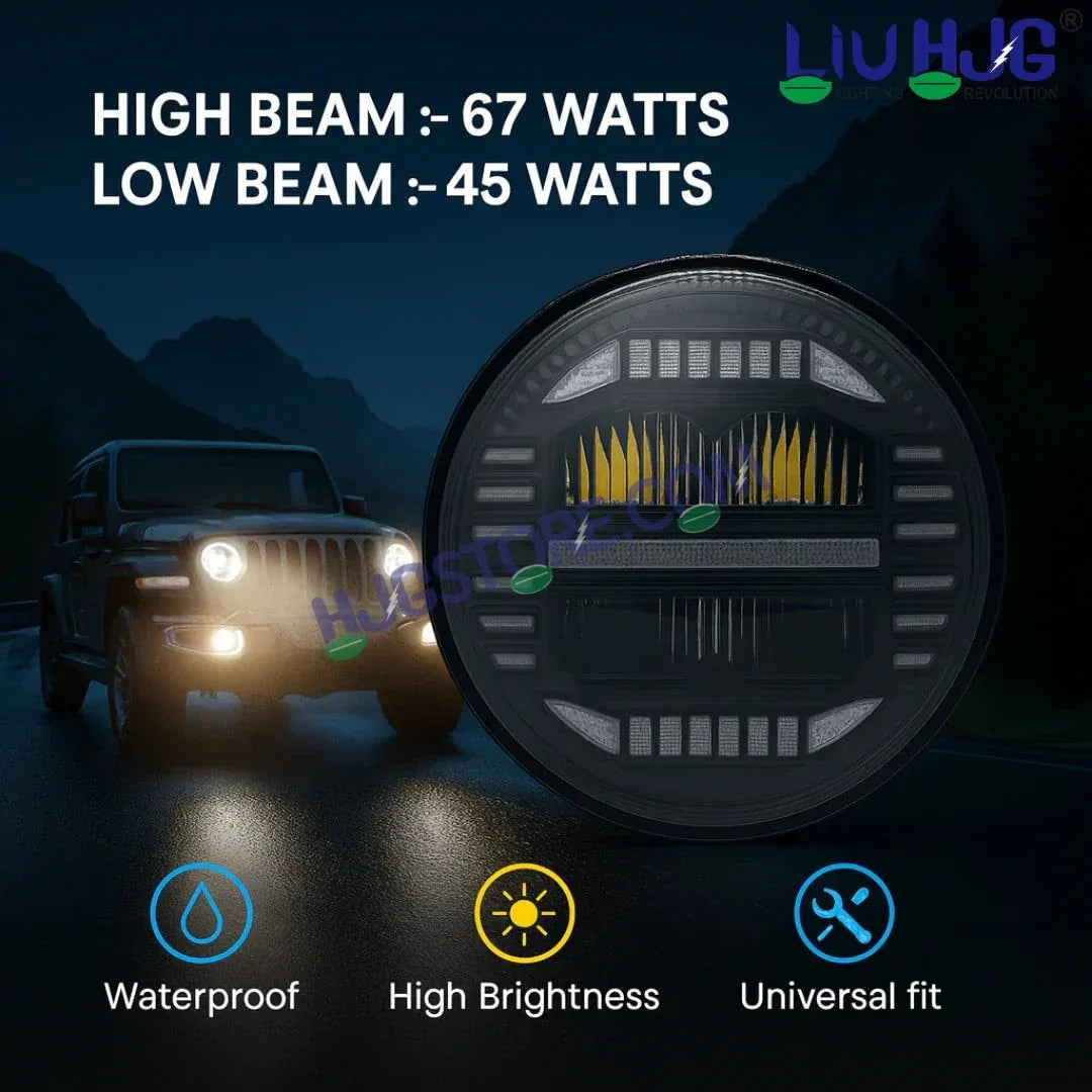 HJG 7 Inch New Minus White LED Headlight New Model Minus Headlight Assembly for Thar Royal Enfield | 75-120W CREE/Osram LED Chip Multi color Compatible with Royal Enfield, Jeep, Thar, Gypsy - Biker.Store - www.biker.store