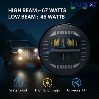 HJG 7 Inch New Minus White LED Headlight New Model Minus Headlight Assembly for Thar Royal Enfield | 75-120W CREE/Osram LED Chip Multi color Compatible with Royal Enfield, Jeep, Thar, Gypsy - Biker.Store - www.biker.store