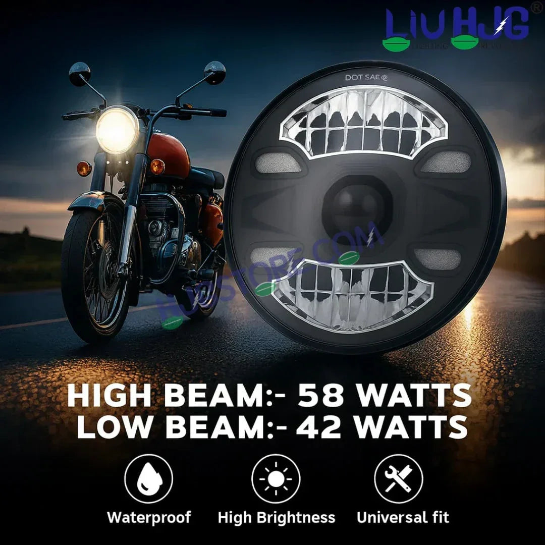 HJG New 4 Dot DRL 100W Projector Ultra Wide 7 Inch Headlight Assembly C-188 White LED Headlight New Model Projector Headlight Assembly for Royal Enfield | 100W CREE/Osram LED Chip Multi color White/Yellow Compatible with Royal Enfield, Jeep, Thar, Gypsy - Biker.Store - www.biker.store