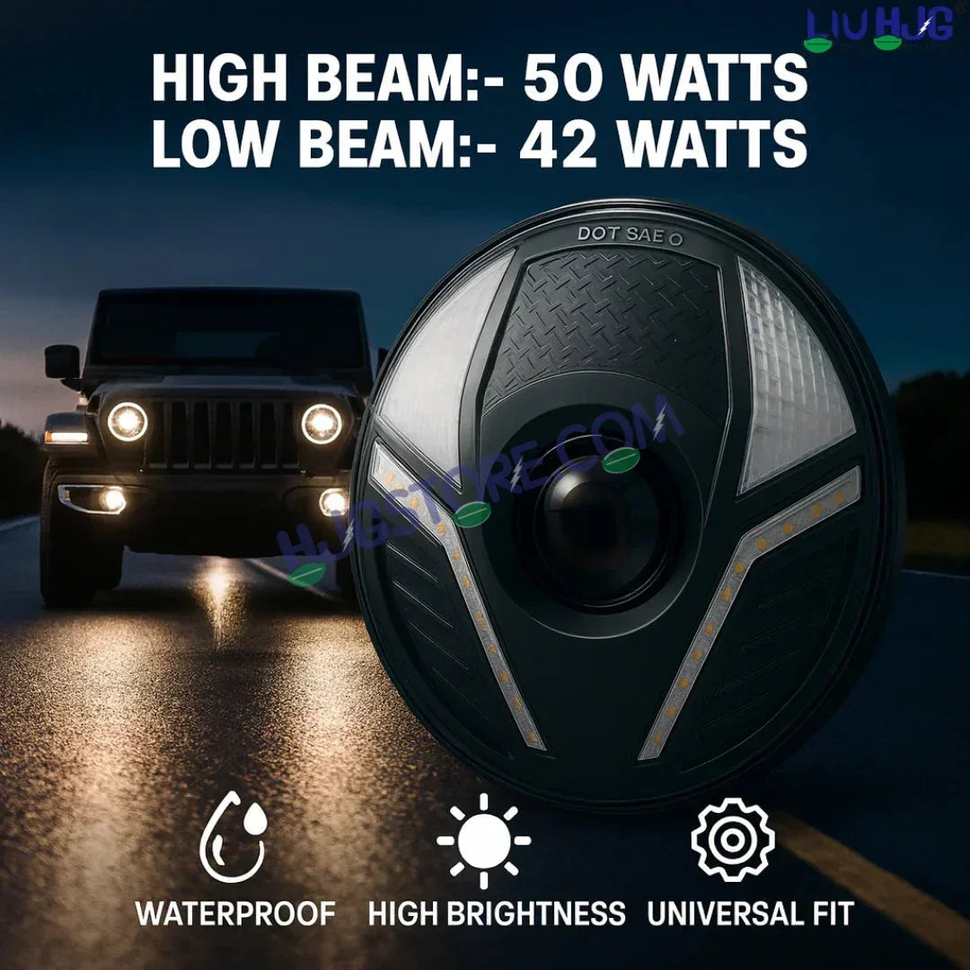 HJG Alien 7 Inch Headlight DRL 92W Projector Ultra Wide 7 Inch Headlight Assembly C-286 White LED Headlight New Model Projector Headlight Assembly for Royal Enfield | 92W CREE/Osram LED Chip White/Yellow Compatible with Royal Enfield, Jeep, Thar, Gypsy - Biker.Store - www.biker.store
