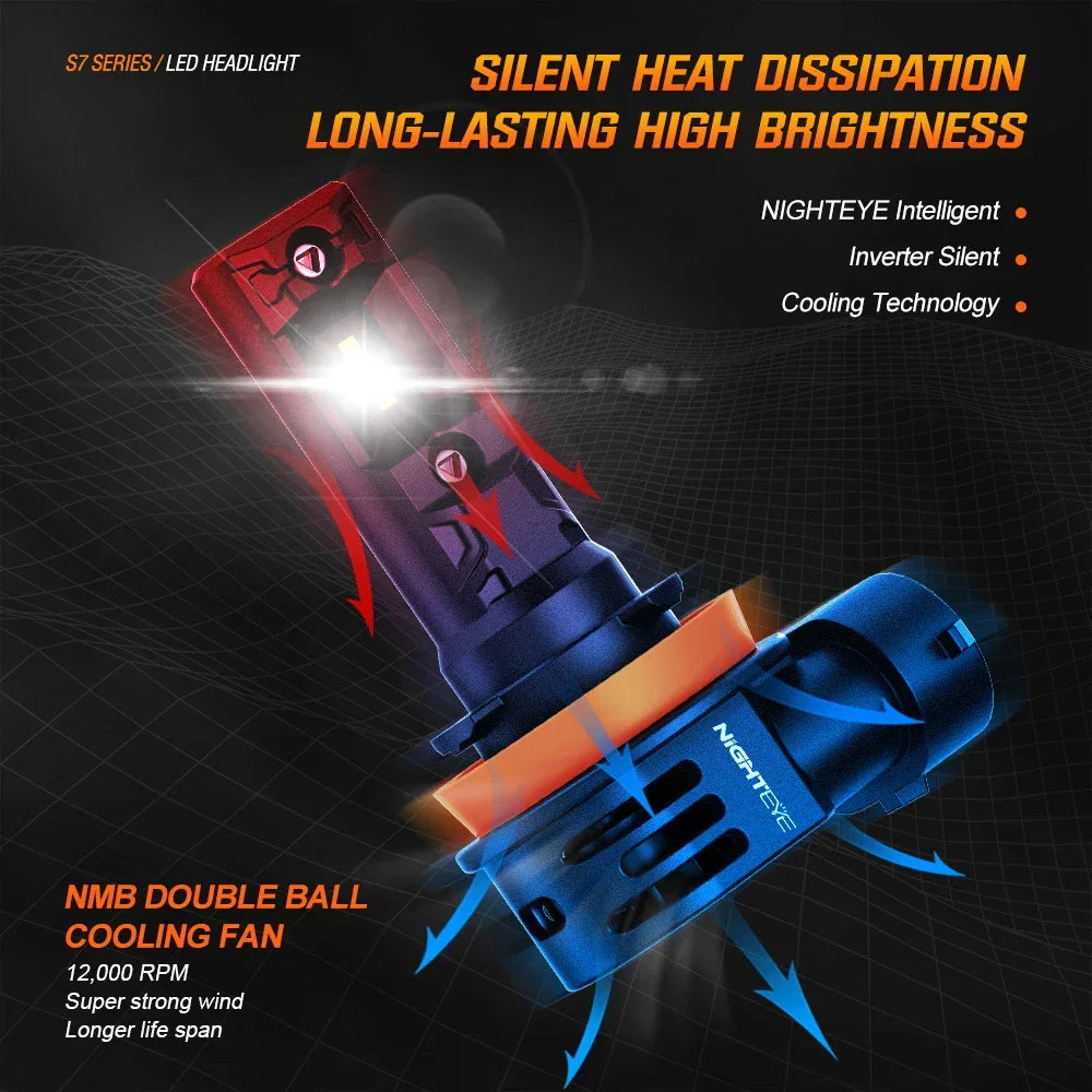 NightEye A315-S7 H8/H9/H11/H16 Pair 20000LM 6500K LED Car Headlight Bulbs 70W Auto Headlamp IP68 Waterproof for Modification Cars - Type H8/H9/H11/H16 - Biker.Store - www.biker.store