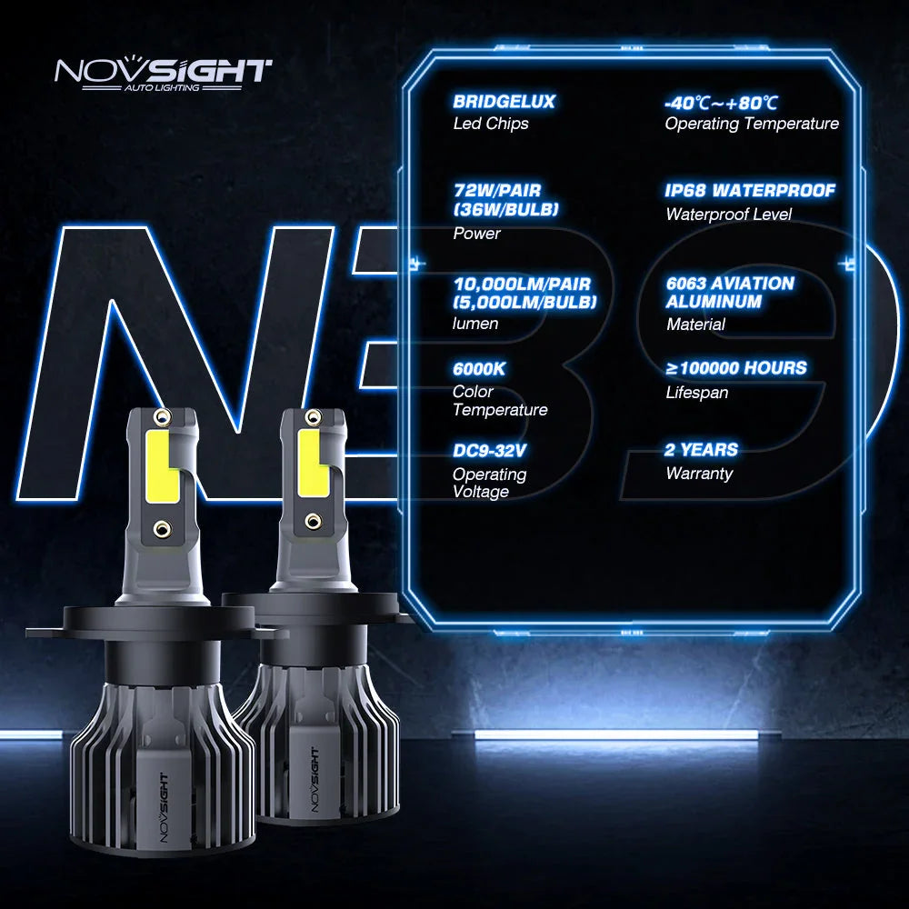 NightEye NovSight A500-N39 2PCS 72W DC9-32V Pair Car Headlight LED Bulbs 13,000LM/PAIR Car Headlamps 6500K IP68 Waterproof Super Bright - Biker.Store - www.biker.store
