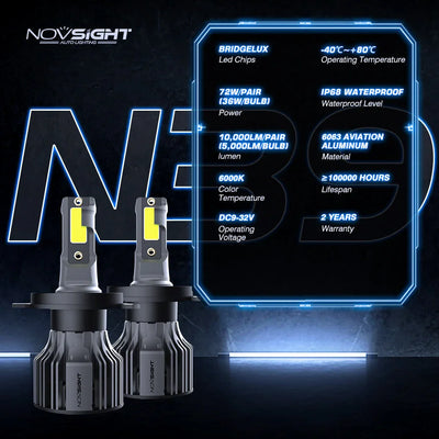 NightEye NovSight A500-N39 2PCS 72W DC9-32V Pair Car Headlight LED Bulbs 13,000LM/PAIR Car Headlamps 6500K IP68 Waterproof Super Bright - Biker.Store - www.biker.store