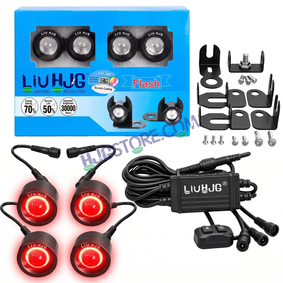 HJG 4 Pcs Motorcycle LED Strobe Light Kit with Remote Control, Wiring Harness, Relay Module & Switch - Red-Color Flashing Auxiliary Projector Lights - Universal Fit for Bikes, Cars, SUVs, Cruisers & Custom Builds - Biker.Store - www.biker.store