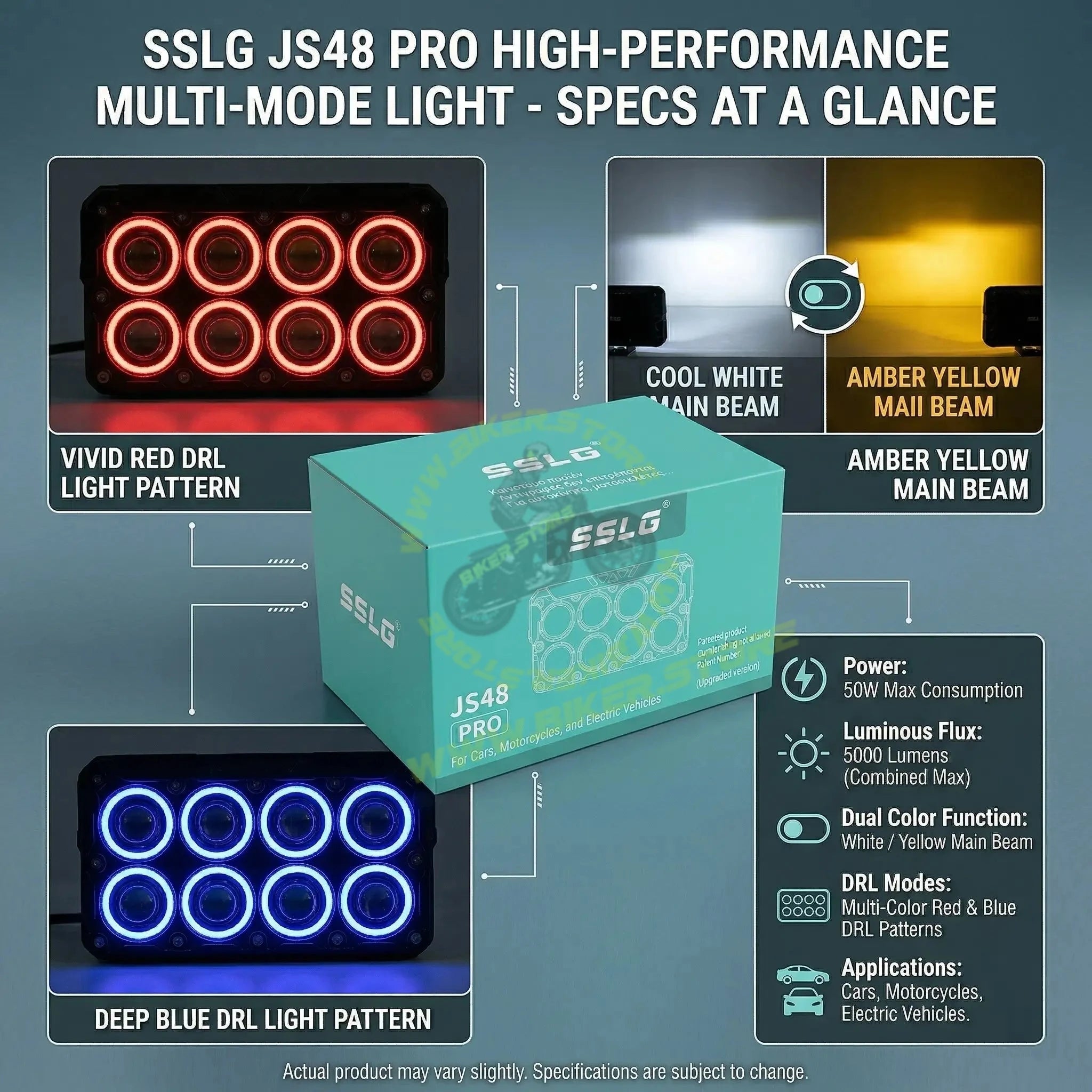 SSLG 8 Lens JS48 PRO 50W FOG LIGHT| Dual Colour Mode White/Yellow with Flashing Mode| Red/Blue Devil Eye Mode (Pack of 1) SSLG JS48 PRO Foglight - Biker.Store - www.biker.store