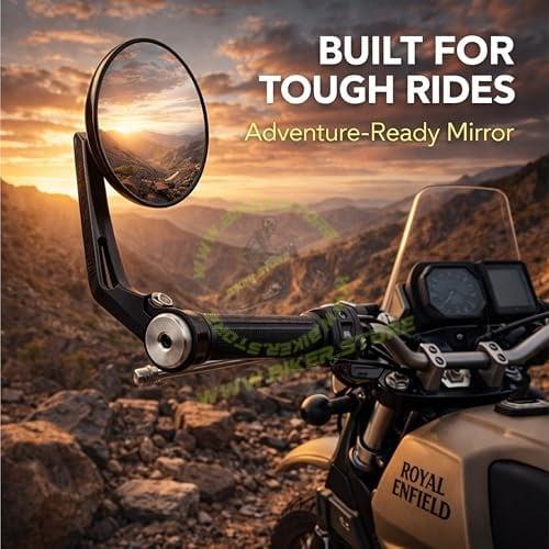 Universal Premium Motorcycle Bar End Mirrors | Handlebar End Rear View Side Mirrors with Round Wide Angle Glass | CNC Aluminum | Black (Pair) | Compatible with All RE Bikes - Biker.Store - www.biker.store