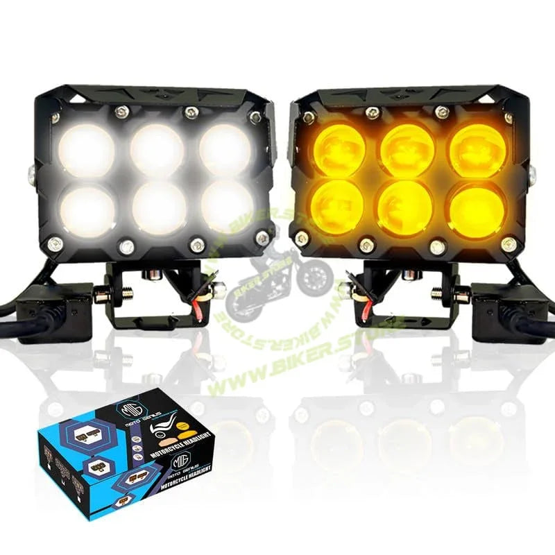 MOTO GENIUS Super Bright 6 LED Fog Light | Dual Mode Yellow and White, Aluminium Body, Universal Fit for Motorcycle & Car, Waterproof (Pack of 2) - Biker.Store - www.biker.store