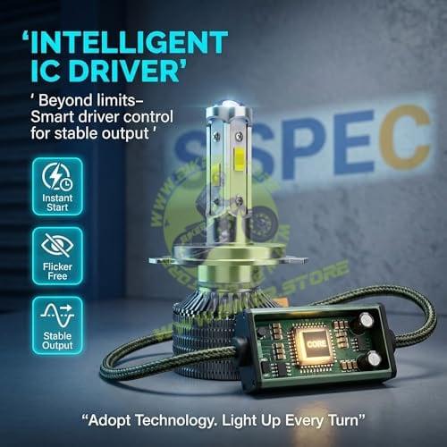 SSPEC Ultra Bright LED Headlight Bulb for Bike Scooter, H4 Automotive High/Low Beam, 200W, 20000 Lumens, 6500K, 12 Months Warranty (200 Watt) - Biker.Store - www.biker.store