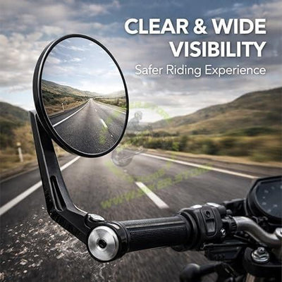 Universal Premium Motorcycle Bar End Mirrors | Handlebar End Rear View Side Mirrors with Round Wide Angle Glass | CNC Aluminum | Black (Pair) | Compatible with All RE Bikes - Biker.Store - www.biker.store
