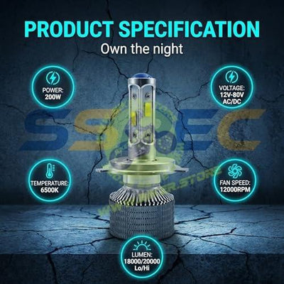 SSPEC Ultra Bright LED Headlight Bulb for Bike Scooter, H4 Automotive High/Low Beam, 200W, 20000 Lumens, 6500K, 12 Months Warranty (200 Watt) - Biker.Store - www.biker.store
