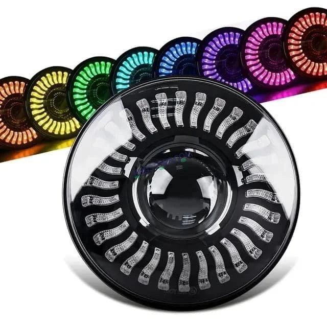 HJG 7 Inch RGB LED Headlight Assembly | 75-120W CREE/Osram | Multicolor Compatible with Royal Enfield, Jeep, Thar, Gypsy - Biker.Store - www.biker.store
