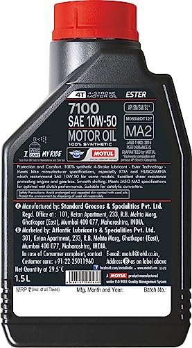 Motul 7100 4T 10W-50 API SN Fully Synthetic Motorcycle Engine Oil – High Performance Protection, Smooth Gear Shifting & Superior Engine Care for Long-Lasting Riding, 1.5L|B075GSDC1N