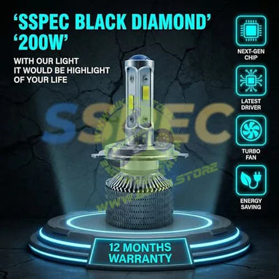 SSPEC Ultra Bright LED Headlight Bulb for Bike Scooter, H4 Automotive High/Low Beam, 200W, 20000 Lumens, 6500K, 12 Months Warranty (200 Watt) - Biker.Store - www.biker.store