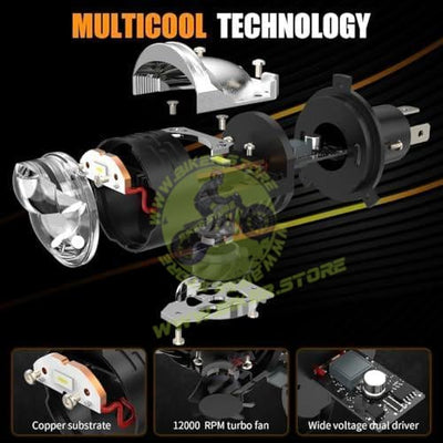 CYT H4 Dual Lens Projector LED Headlight Bulb - 6500K Super Bright White, Hi/Lo Beam, High Power CSP Chips, Universal Metal Body for All Bikes & Scooters (CYT) - Biker.Store - www.biker.store