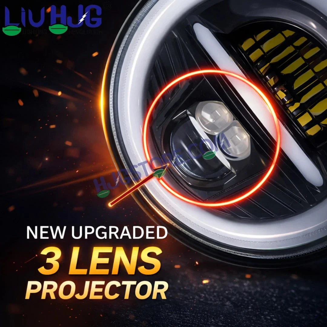 HJG Minus Tri Projector Lens 7 Inch Headlight DRL 107W Projector Ultra Wide 7 Inch Headlight Assembly New Model Projector Headlight Assembly for Royal Enfield Thar | 107W CREE/Osram LED Chip White/Yellow Compatible with Royal Enfield, Jeep, Thar, Gypsy - Biker.Store - www.biker.store