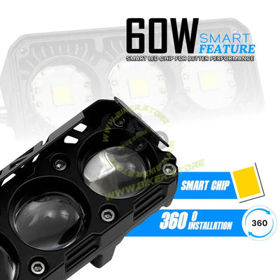 MOTO GENIUS 60W Motorcycle Dual Color LED Headlight | 3-LED Mini Projector Spot/Fog Light | Yellow & White Beam | Waterproof Auxiliary Driving Lamp for All Bikes - Biker.Store - www.biker.store